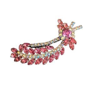 Vintage Pink Rhinestone AB Crystal Spray Brooch Silver Tone Curved Floral Pin